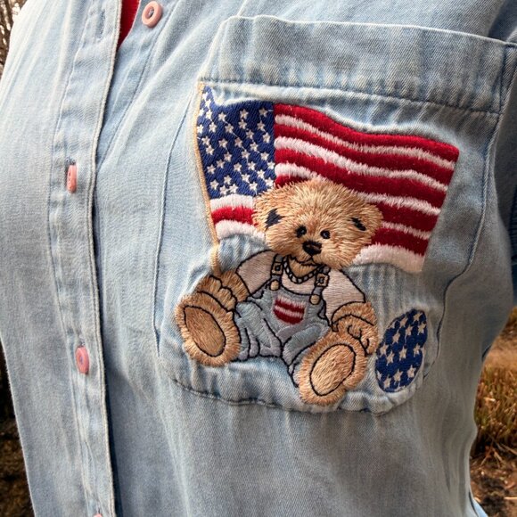 Vintage Northern Reflections Denim Teddy Flag Button Shirt - Picture 5 of 8